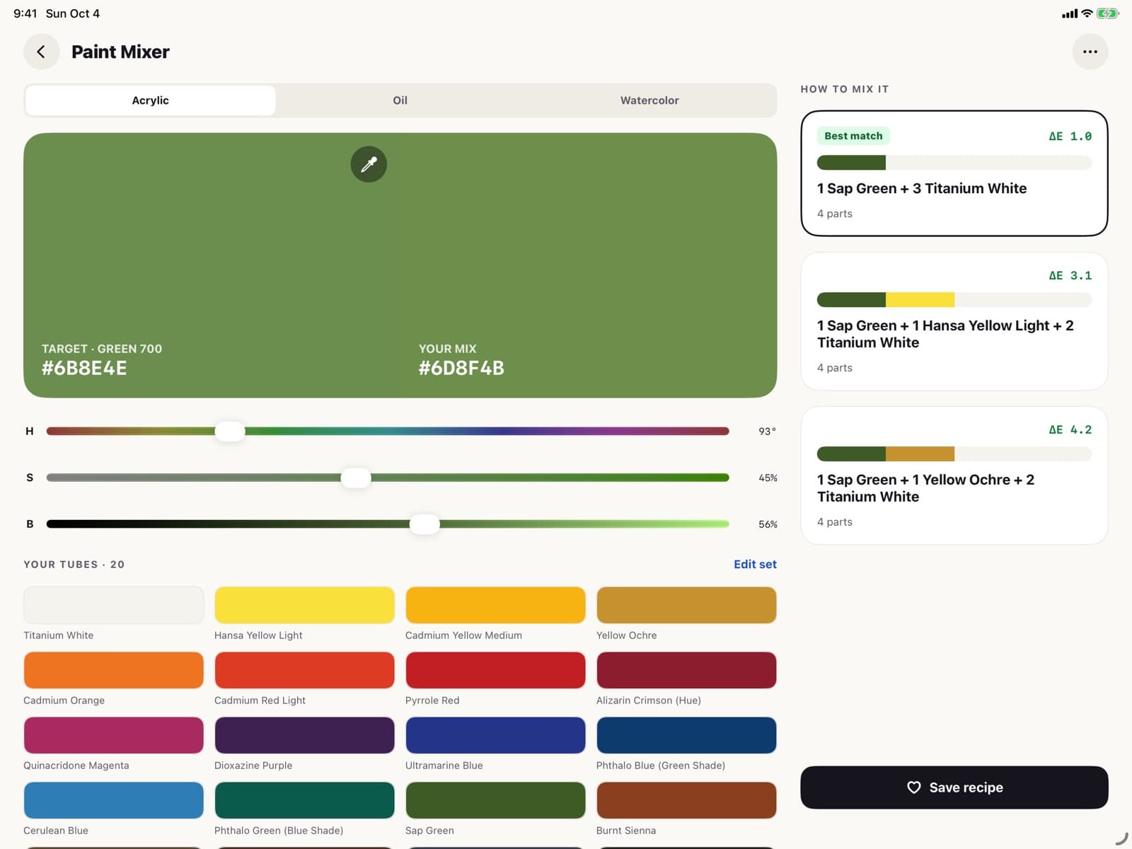 Paint Mixing Guide in Color Picker: Mix any color from your tubes