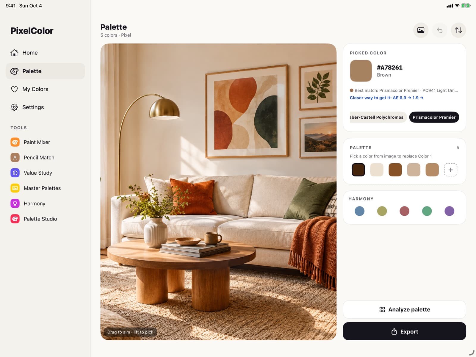 Color Picker on iPad: a photo with the picked color, its HEX code, a palette and the matching pencil.