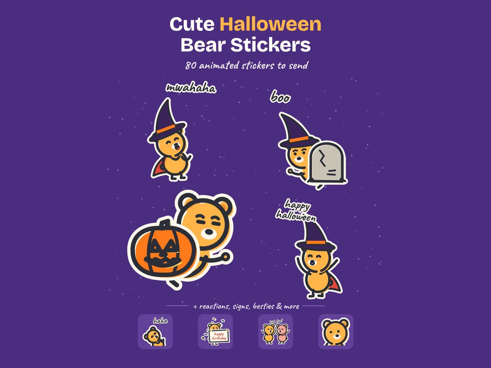 Cub Stickers on iPad: witch Cub, a jack-o'-lantern and a happy halloween wave, with 80 animated stickers to send.