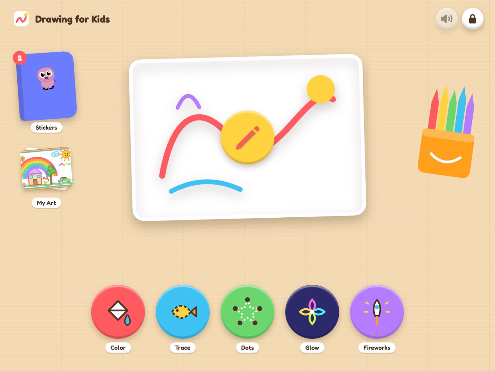 The Drawing for Kids 2.0 toy desk: the drawing paper, crayons, the sticker book and five game buttons.