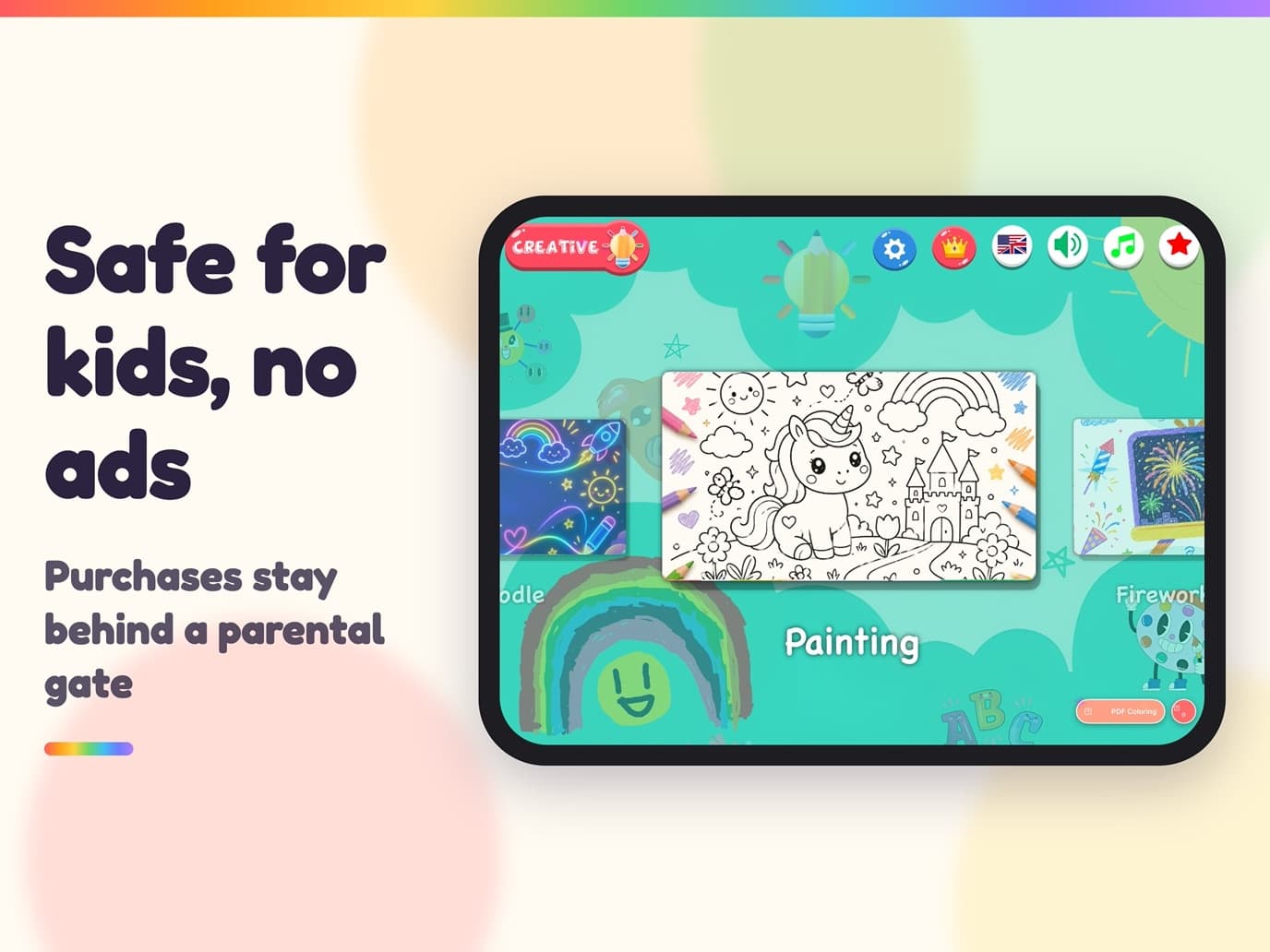 The Kids Drawing home screen with large activity cards.