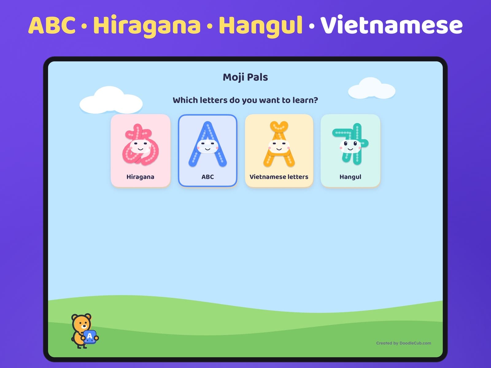 Four alphabets in one app in Moji Pals: ABC, Hiragana, Hangul and Vietnamese