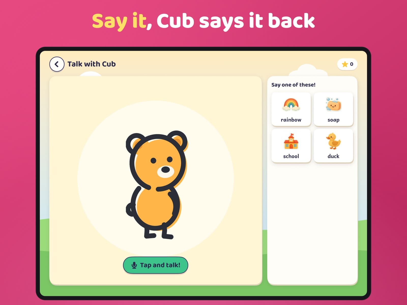 Talk with Cub in Moji Pals: Say it, Cub says it back