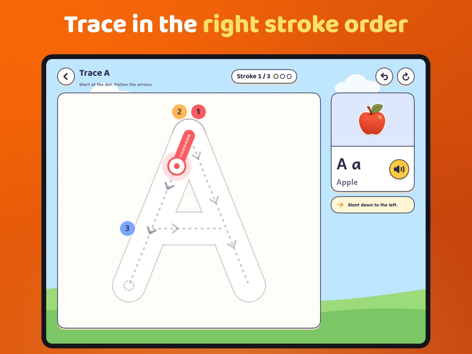 Moji Pals on iPad: tracing the letter A with numbered strokes and arrows, with an apple picture and a sound button.