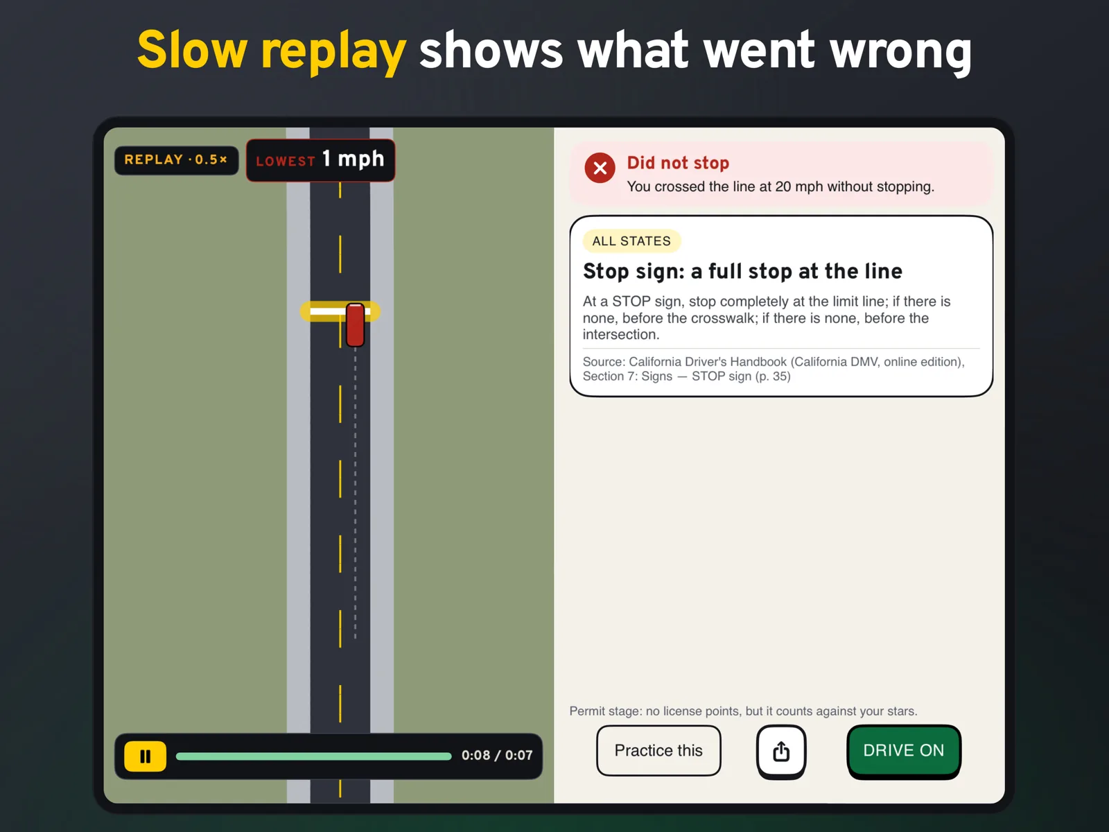 Replay and rule cards in Road Sign Hero: Slow replay shows what went wrong