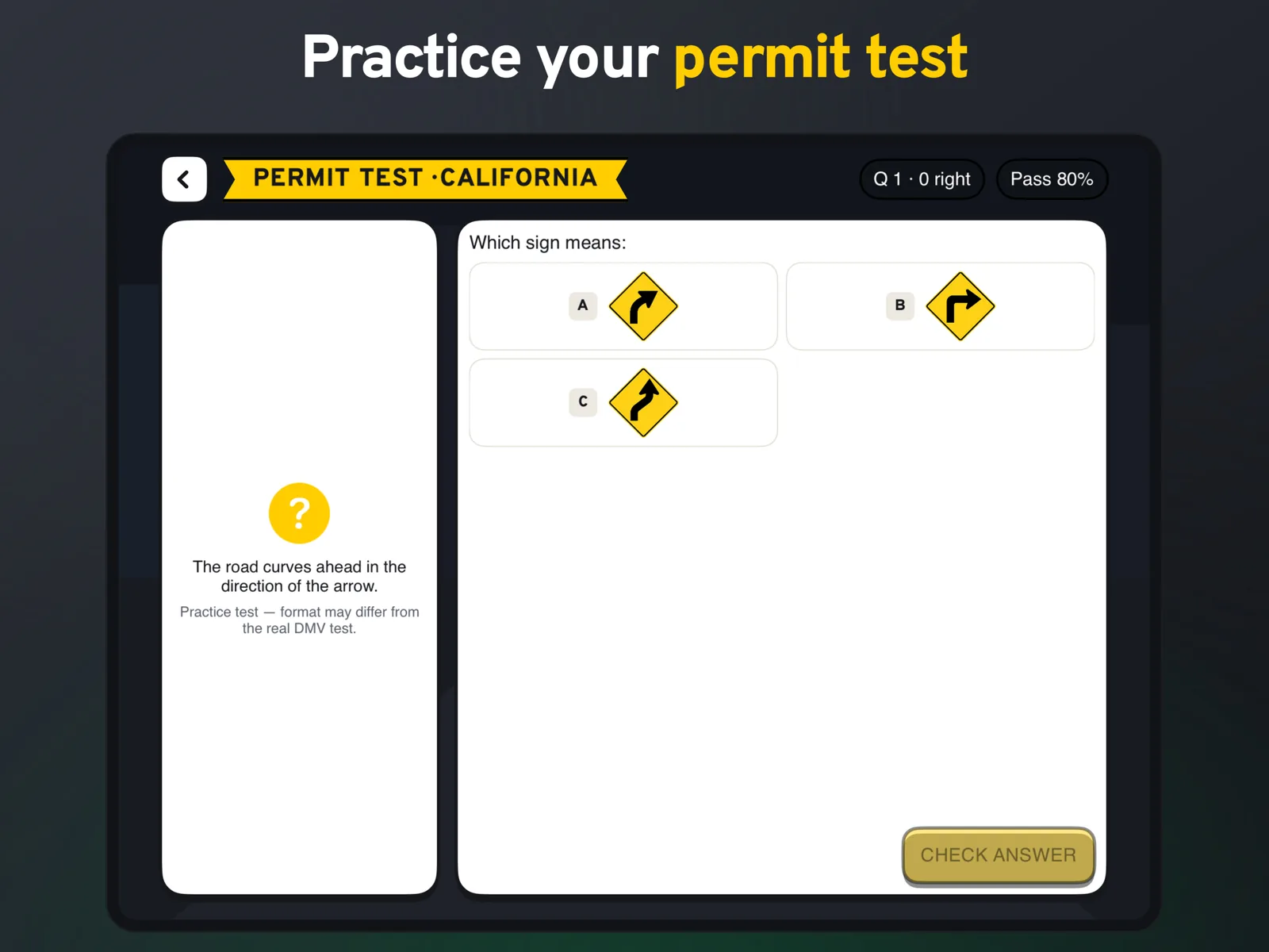 Permit practice test in Road Sign Hero: Practice your permit test