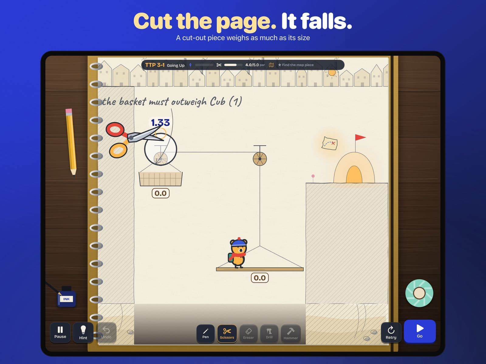 Doodle Cub: Physics Puzzle on iPad: the scissors cut a round piece weighing 1.33 out of the page above the lift basket, enough to outweigh Cub and lift him to his den.