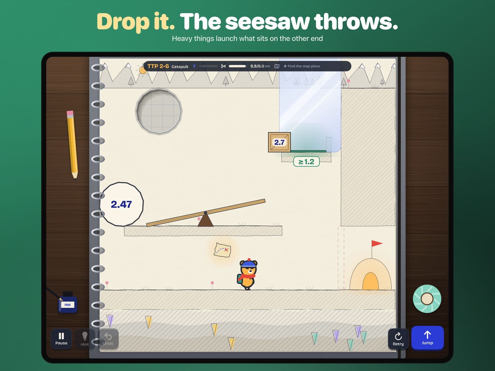 Weights and machines in Doodle Cub: Physics Puzzle: Drop it. The seesaw throws.