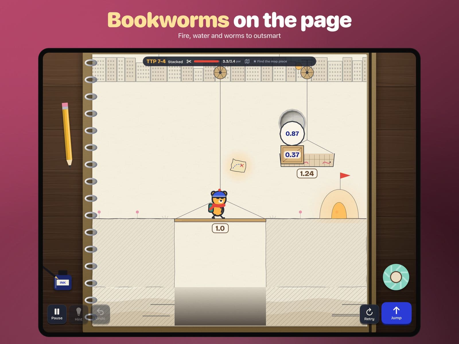 Fire and bookworms in Doodle Cub: Physics Puzzle