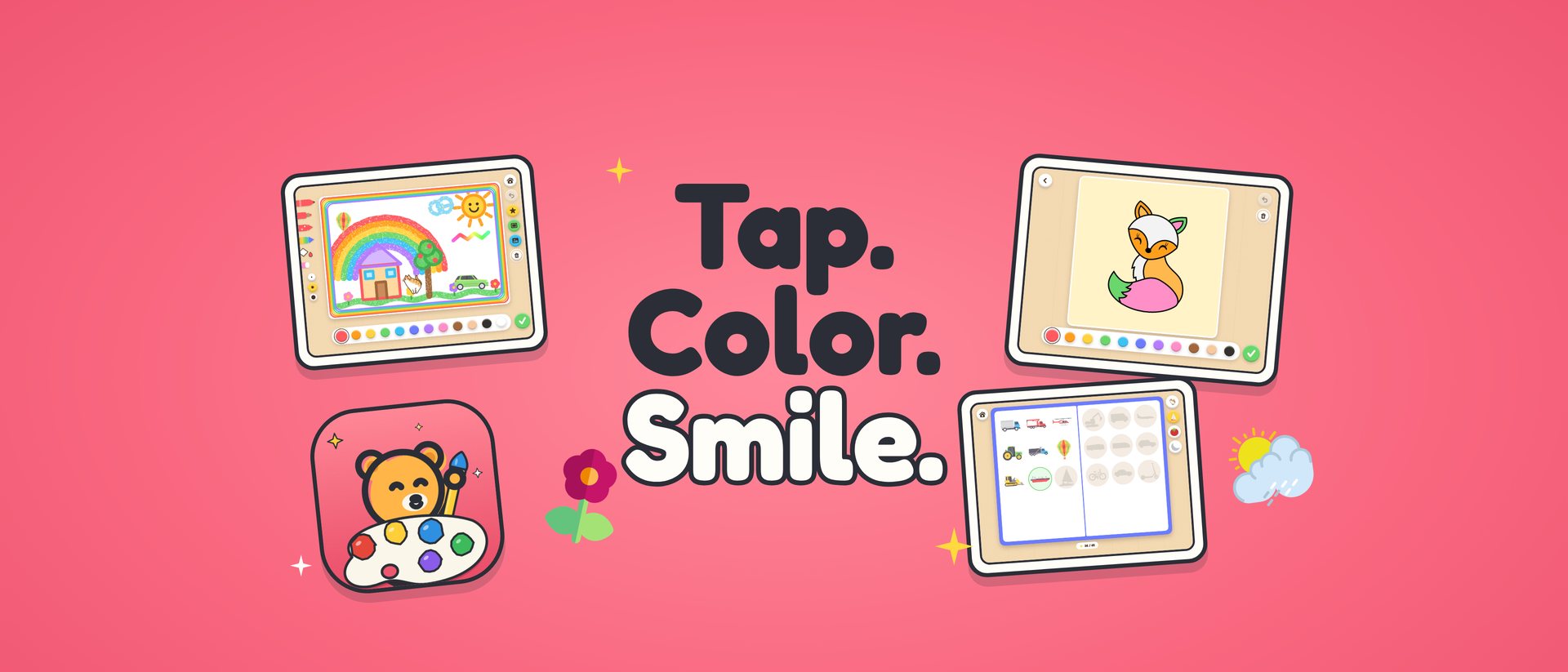 Drawing for Kids: Tap. Color. Smile. The Cub app icon and iPad drawing and coloring screens.