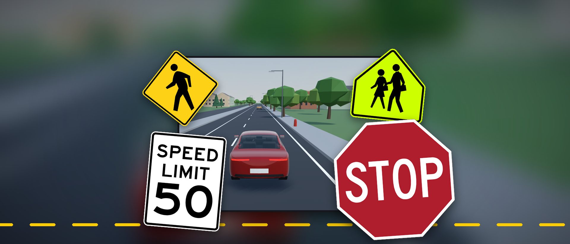 Road Sign Hero: a red car drives a 3D road past a STOP sign, a speed limit sign, a pedestrian crossing and a school zone sign.